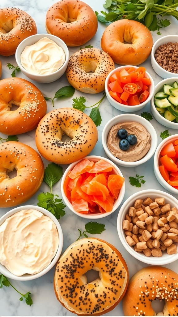A colorful bagel bar with assorted bagels, cream cheese, smoked salmon, and fresh vegetables.
